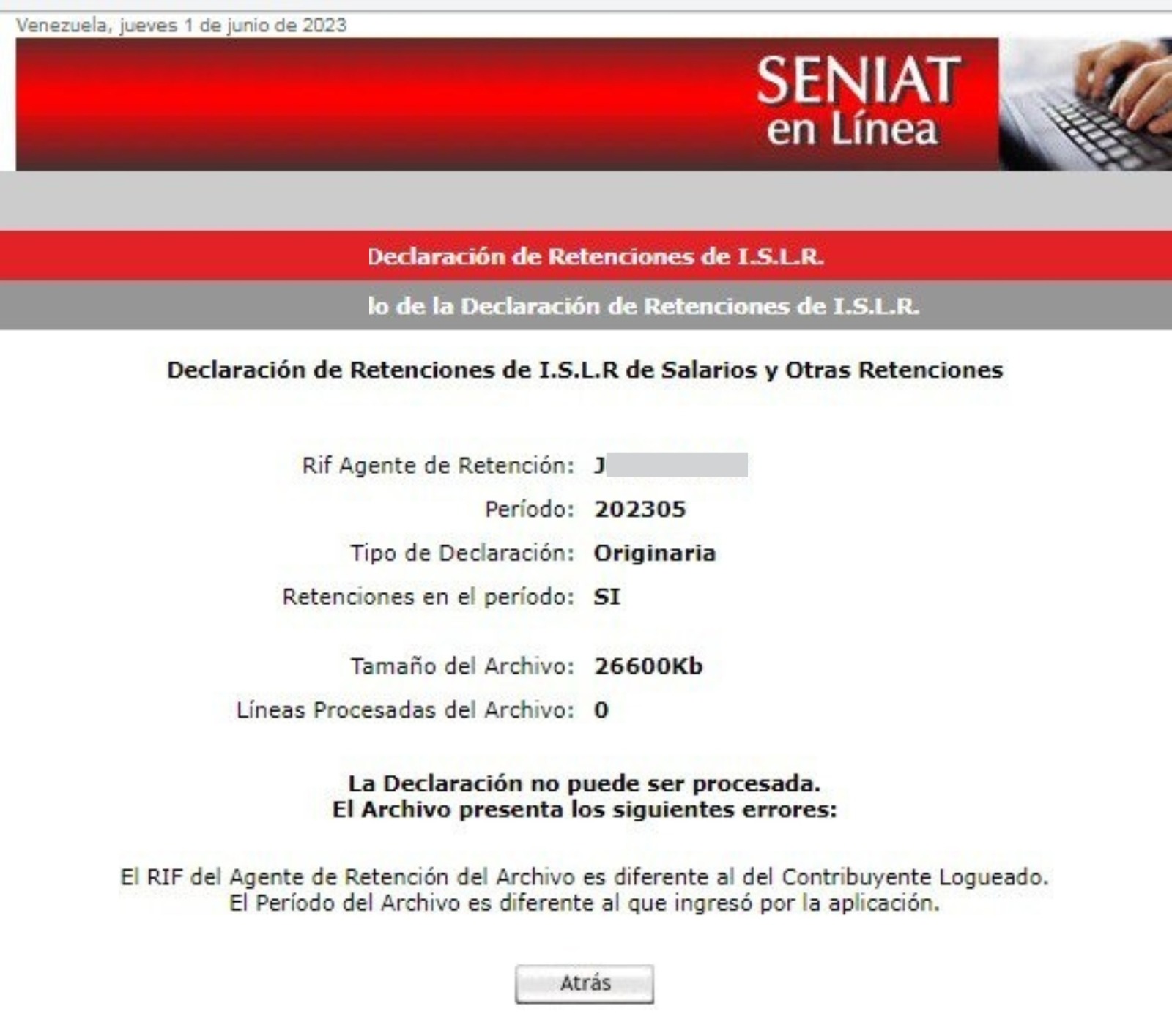 Error al procesar retenciones de islr en el portal del SENIAT - Venezuela. Junio 2023