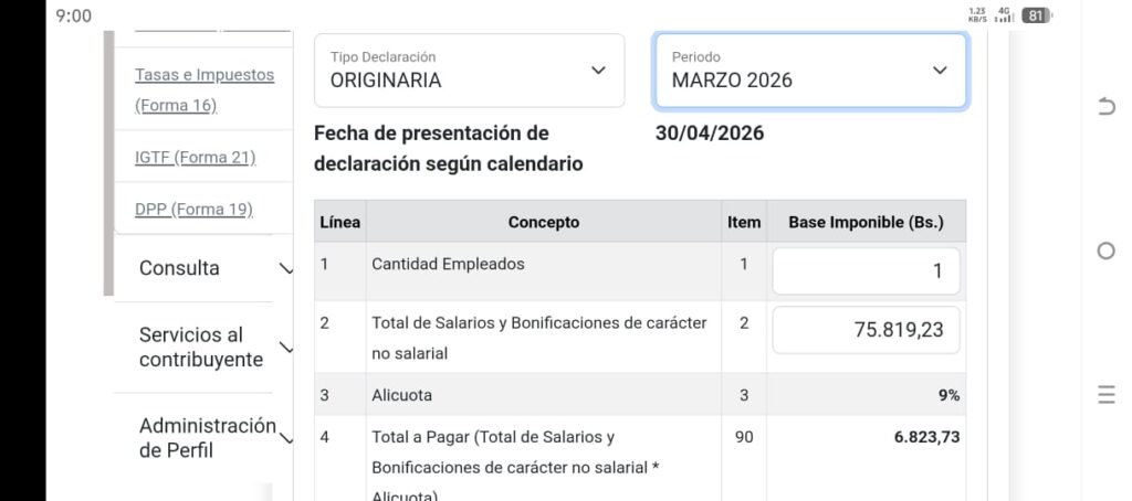 Minimo Tributable DPP Acceso 16/04/2026 Portal SENIAT USD 160.00
