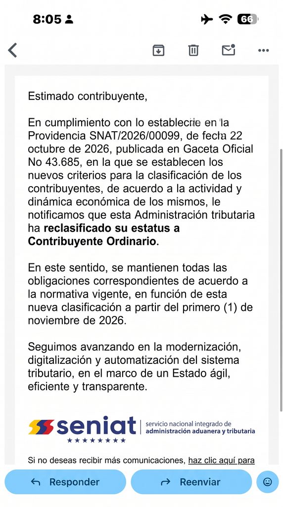 Captura de pantalla del correo electrónico del SENIAT notificando la desincorporación y reclasificación a Contribuyente Ordinario